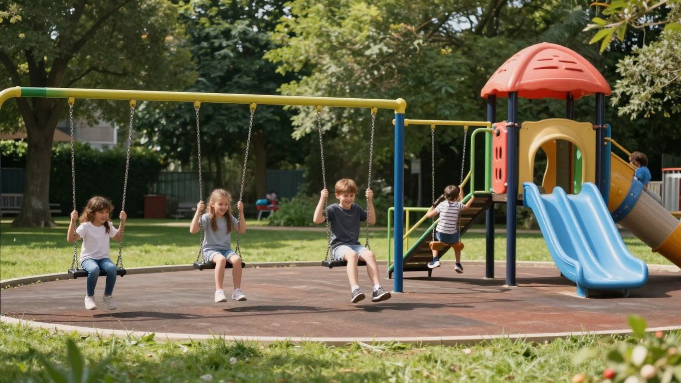 Kinderen spelen vrolijk in een kleurrijke speeltuin.