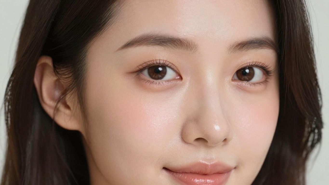 Woman with fresh, natural makeup and dewy skin.