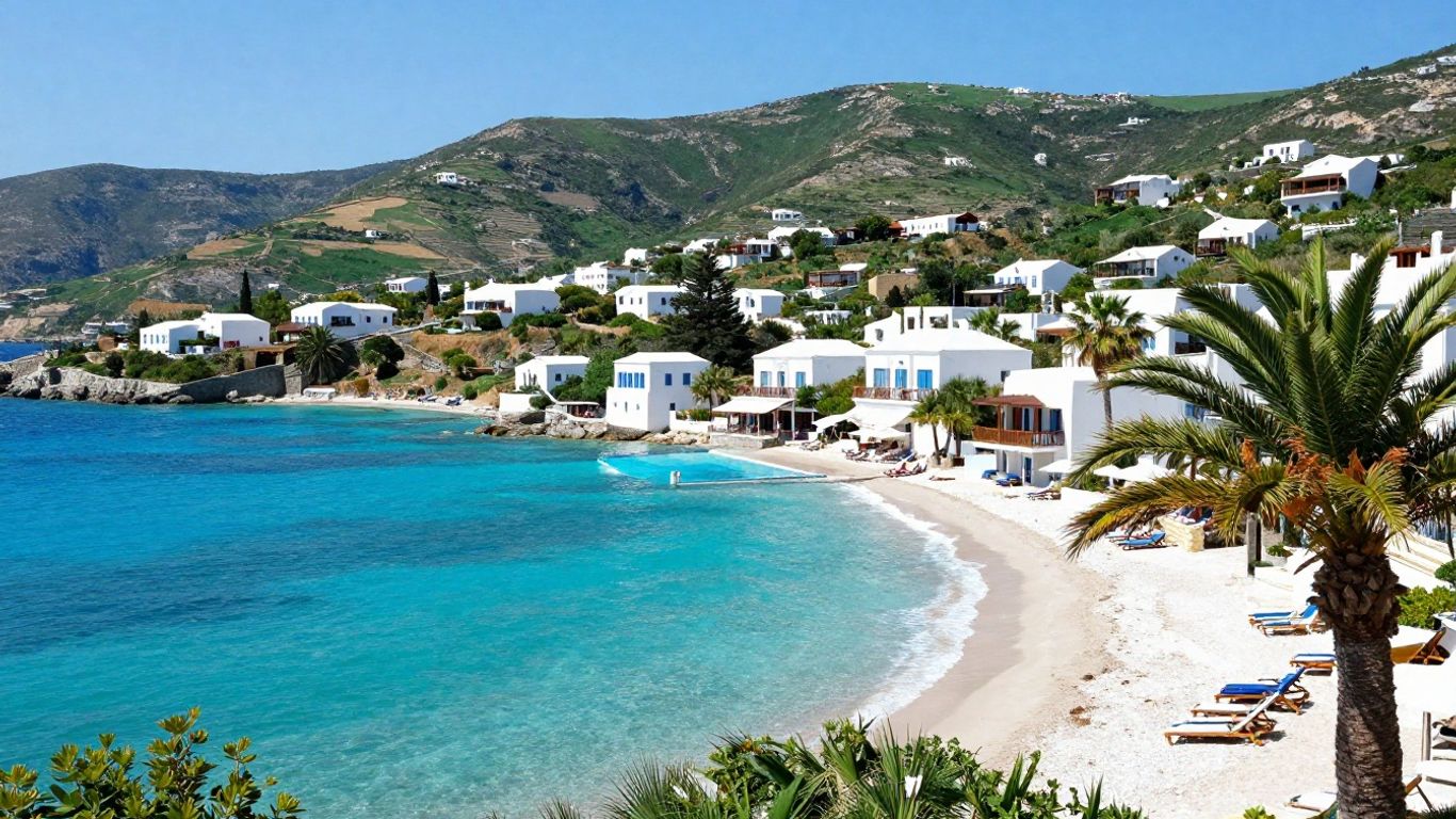 Beautiful Greek island beach with turquoise water and white buildings.
