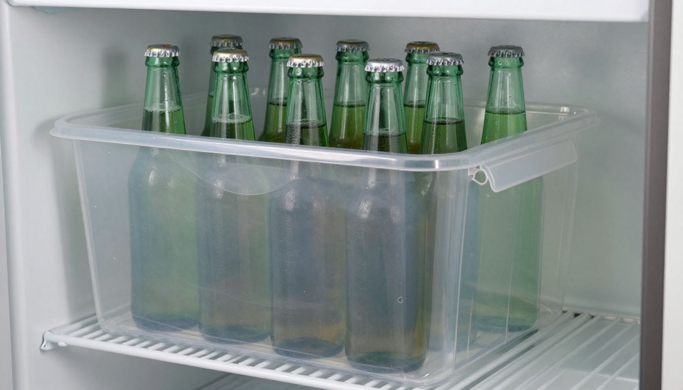 A clear plastic bin on a cooler shelf neatly holding a dozen glass beer bottles, preventing them from rolling.