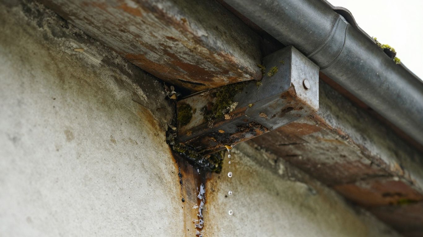 Leaking corner of an old gutter system with water dripping.