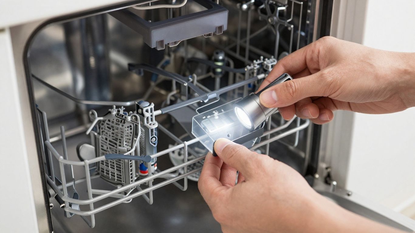 Hands troubleshooting a dishwasher interior and control panel.