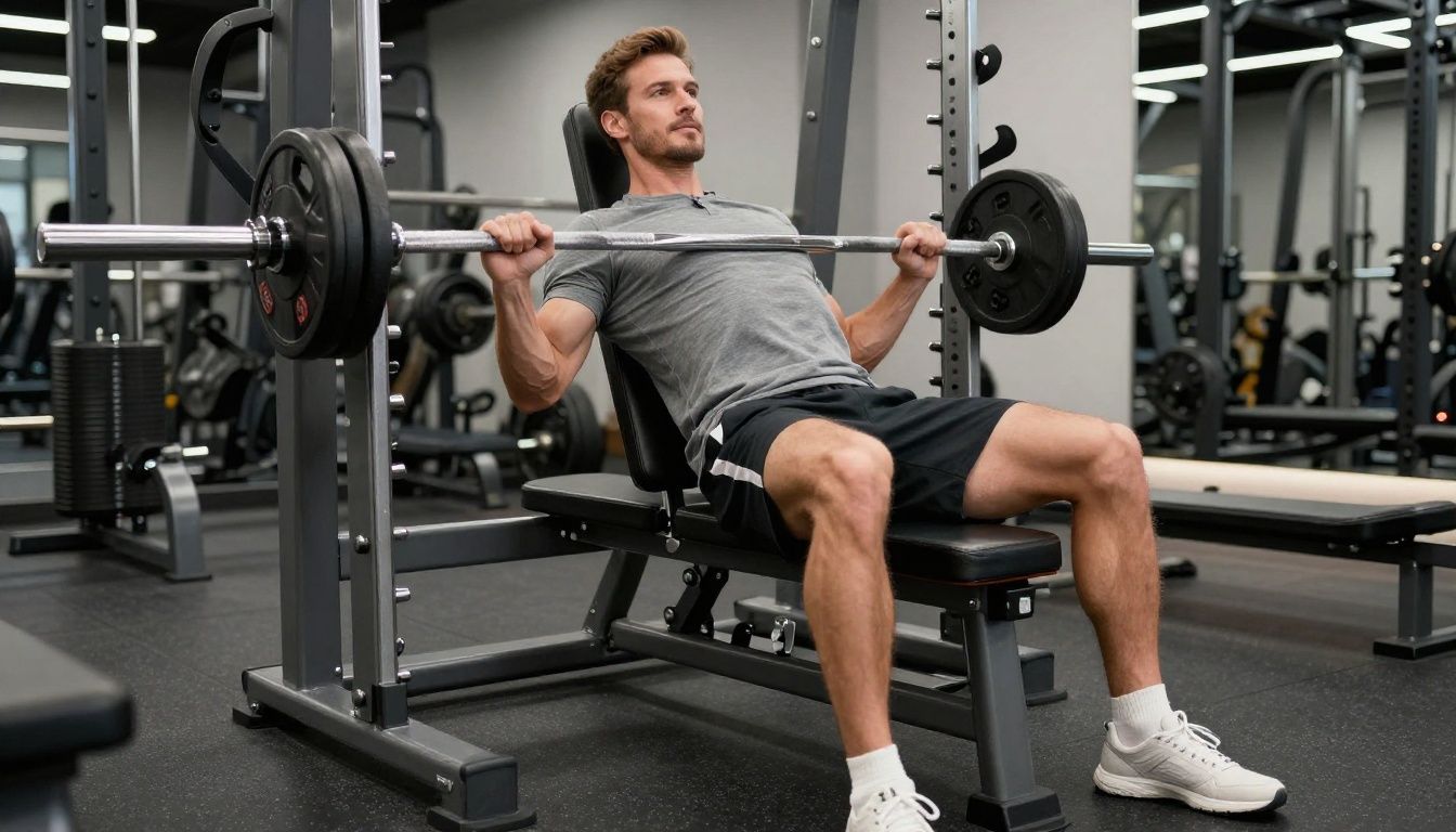 A confident man in his late 40s focusing on a controlled overhead dumbbell press inside a high-end, premium performance facility with modern recovery assets in the background