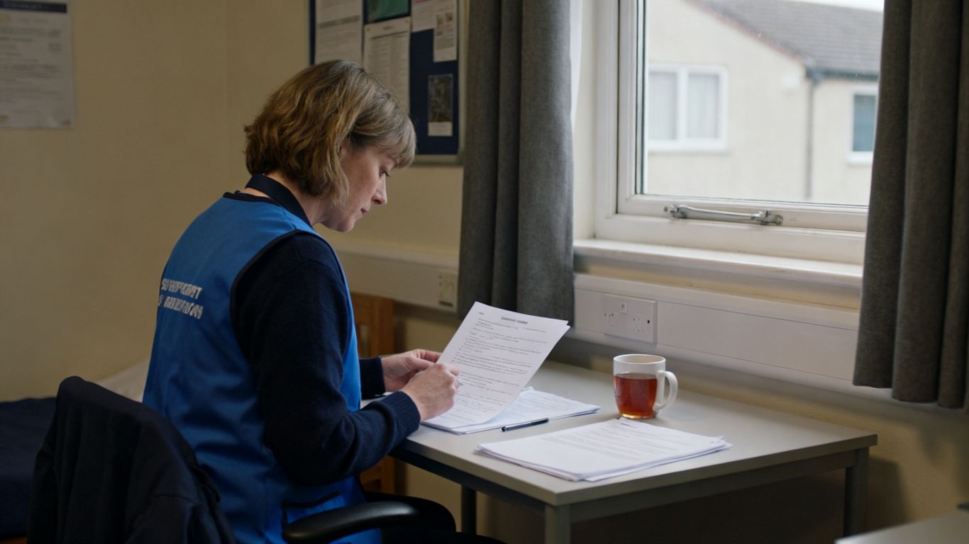 Support worker preparing interview notes calmly