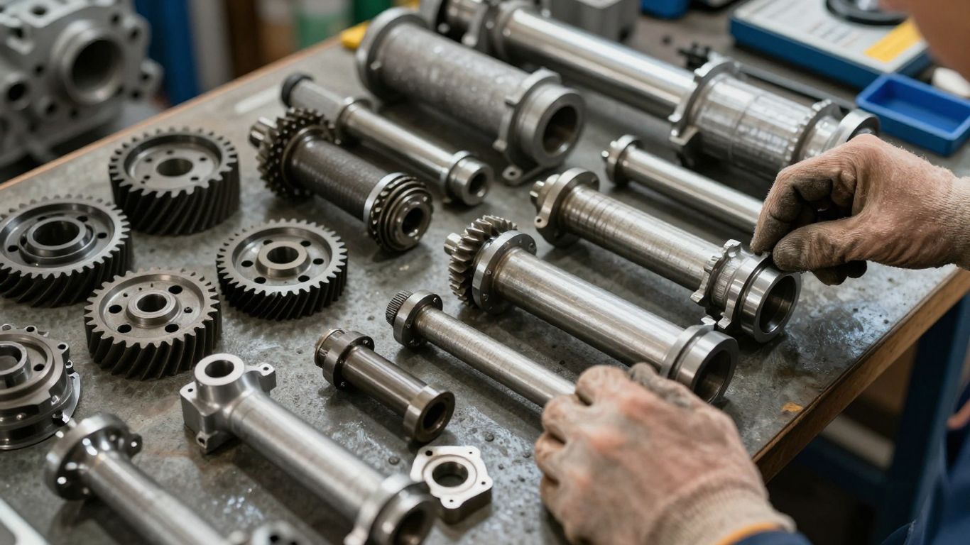 Automotive workshop with engine parts and transmissions.