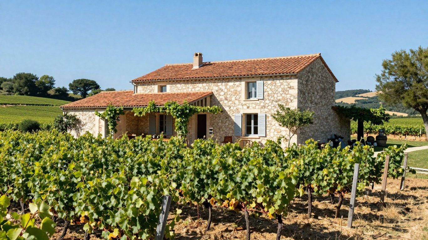 Holiday home surrounded by vineyards in Southern France.