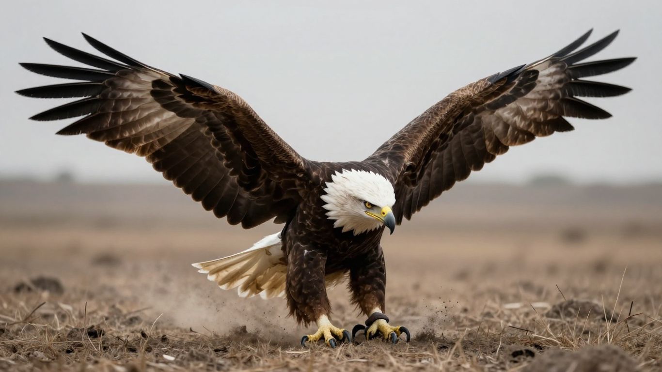 Eagle with clipped wings against a harsh landscape.