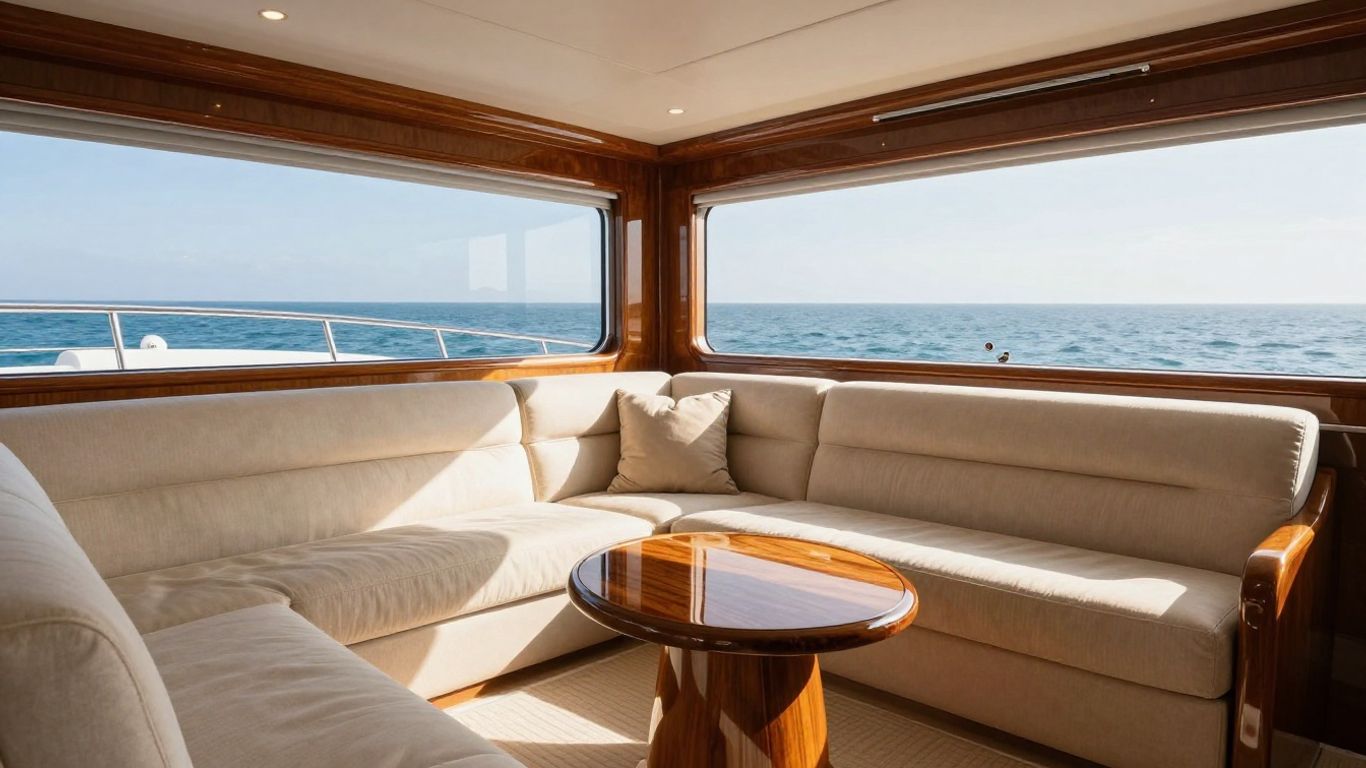 Luxurious yacht interior with ocean view.