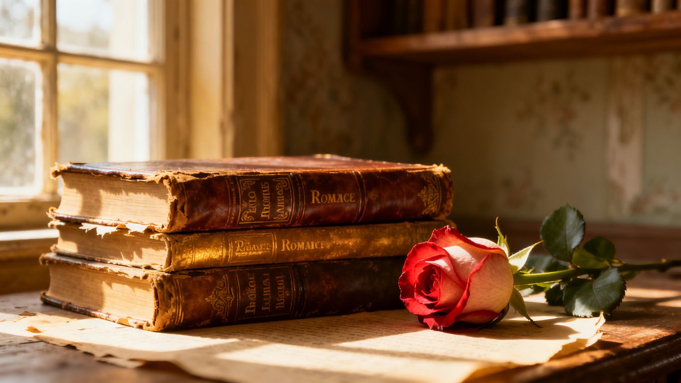 Classic romance novels with a rose in a library.