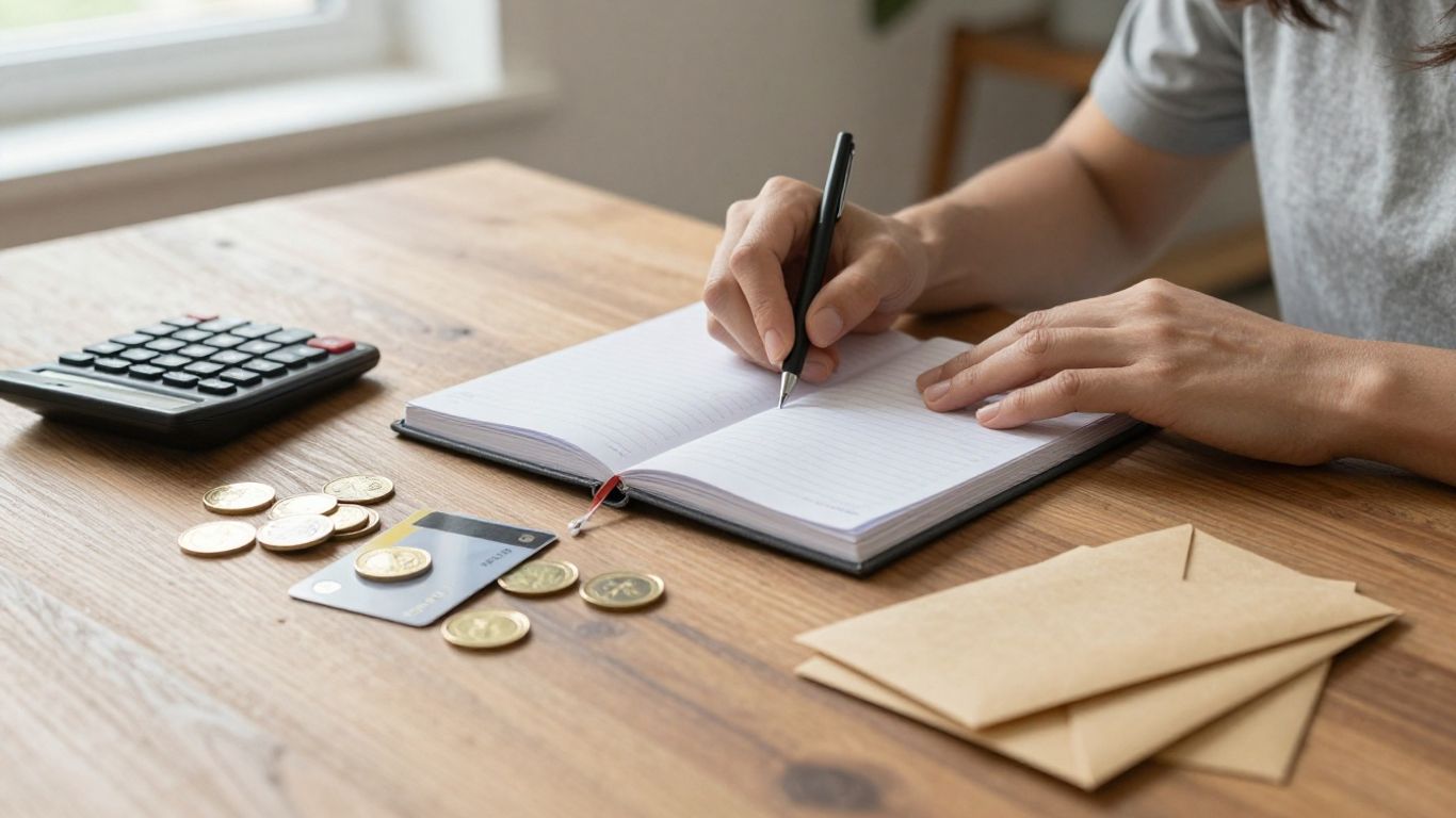 Mesa con presupuesto doméstico y tarjetas guardadas