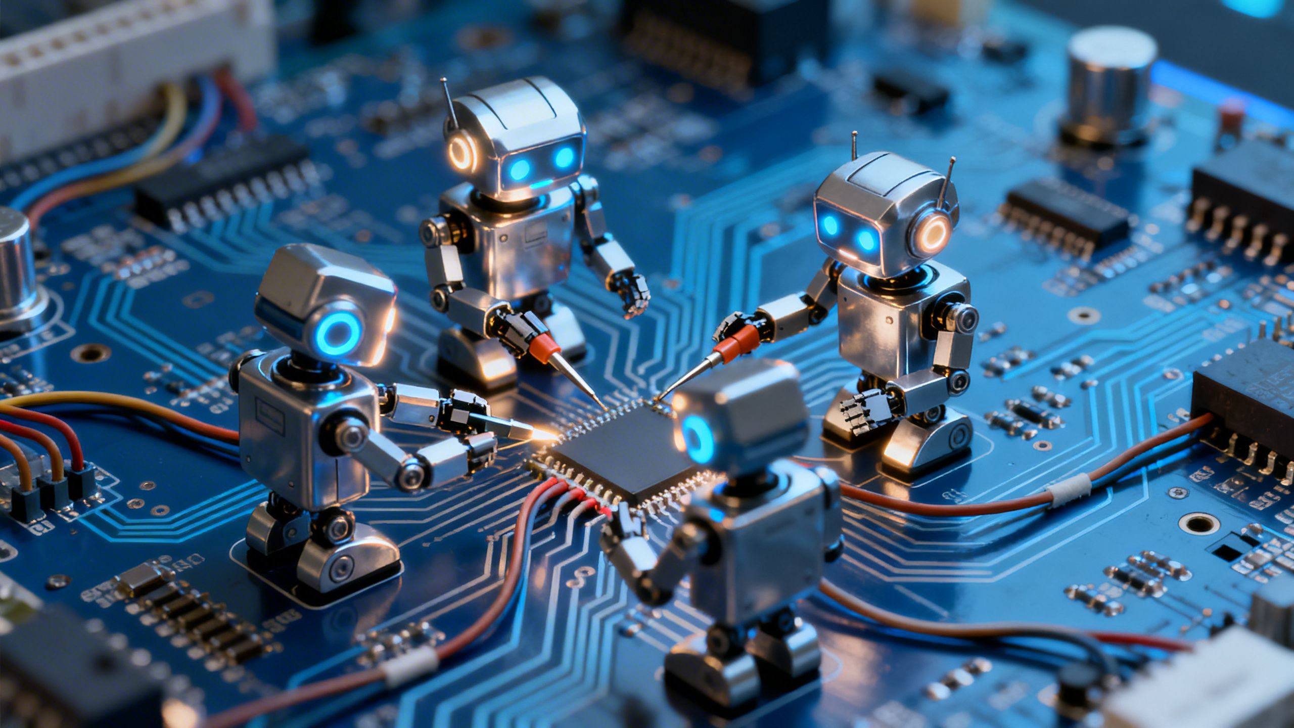 A team of small, distinct AI robots collaborating on a complex circuit board, representing specialized agents working together for better security accuracy.