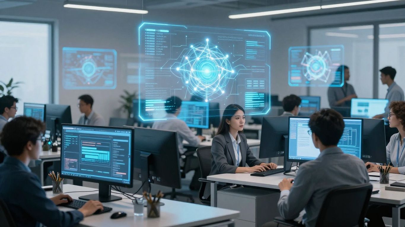 Professionnels interagissant avec des interfaces IA holographiques dans un bureau moderne.