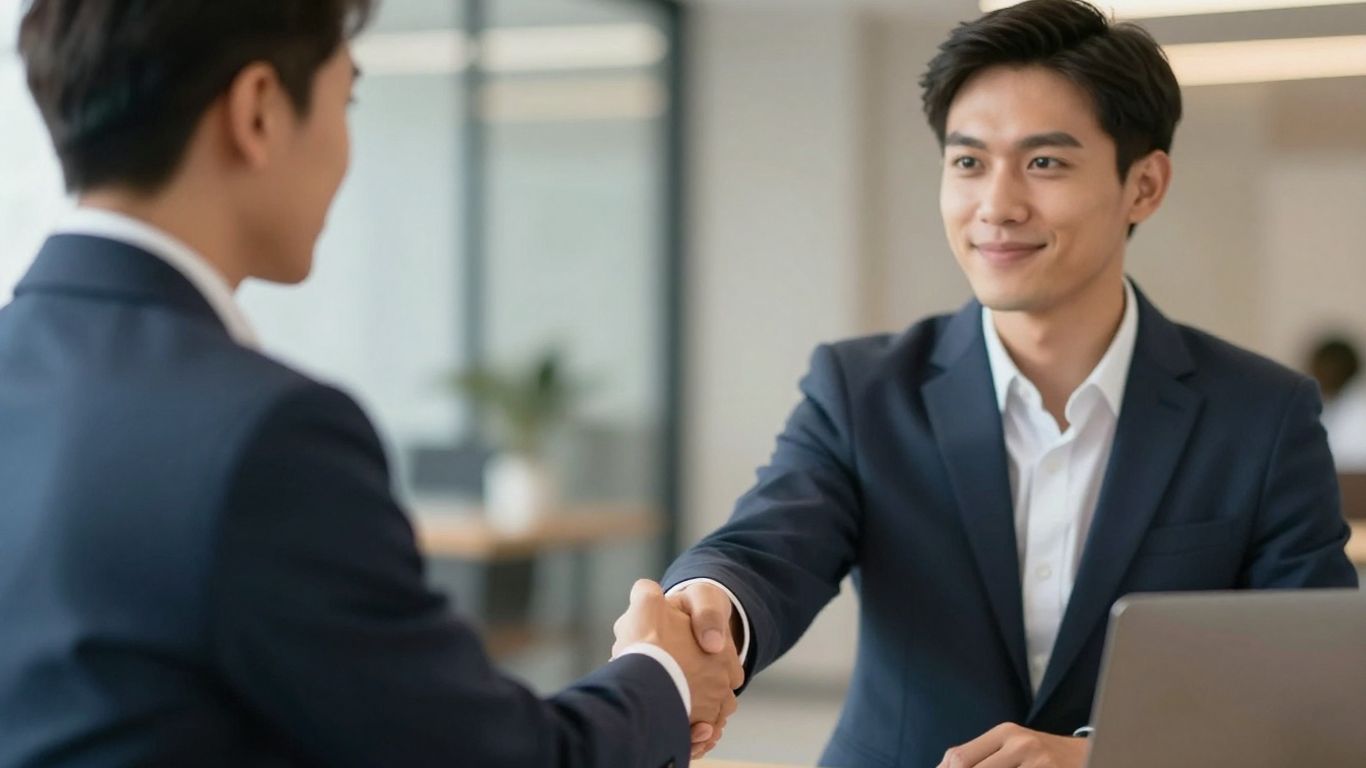 Salesperson shaking hands, closing a deal confidently.