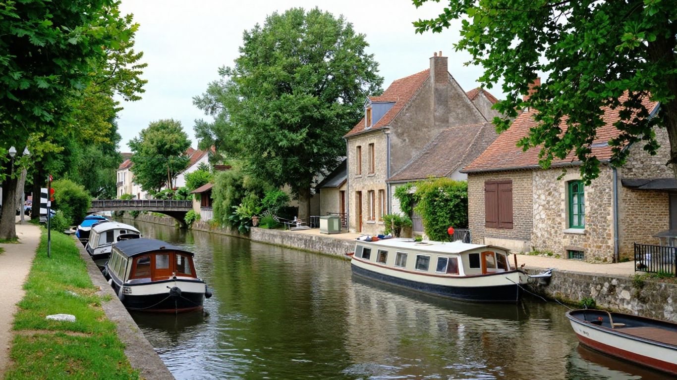 Montargis canal town with boats and buildings in France.