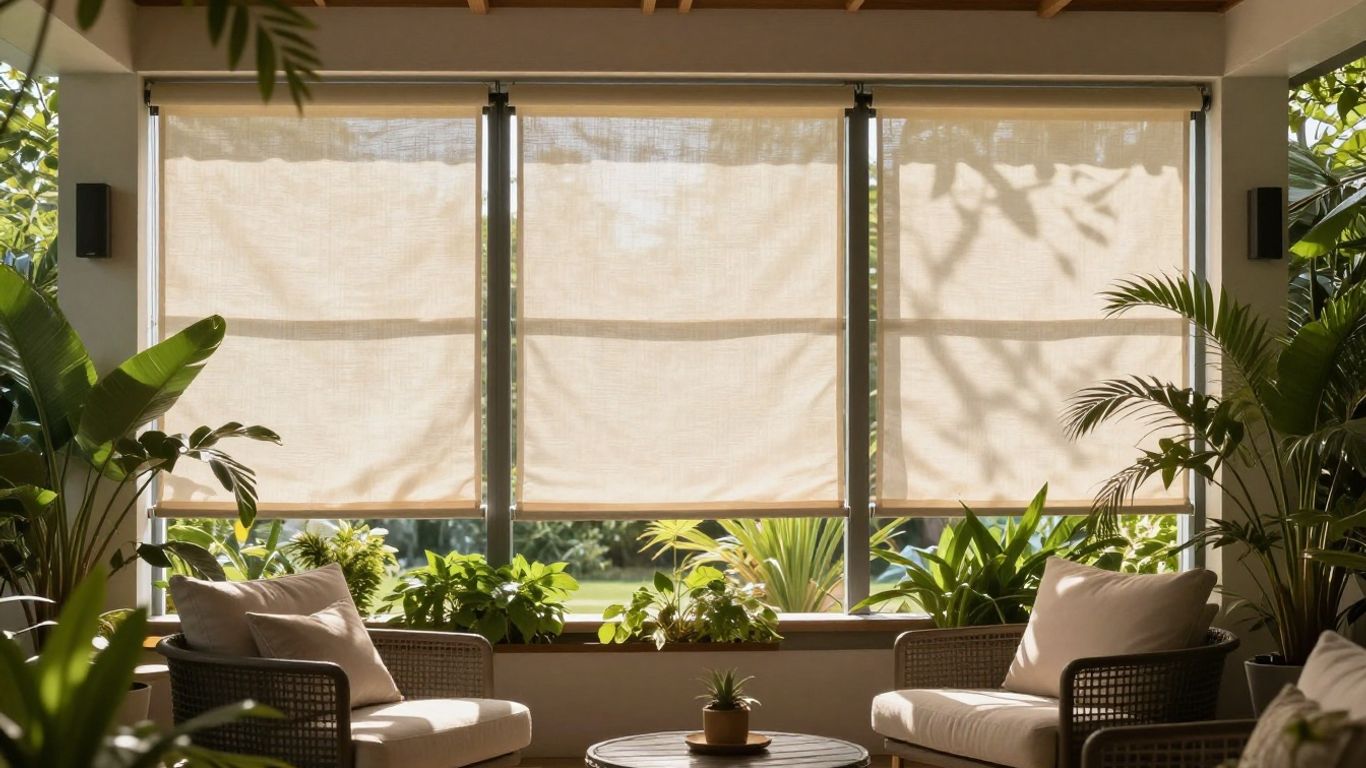 Patio with outdoor roller blinds and furniture.