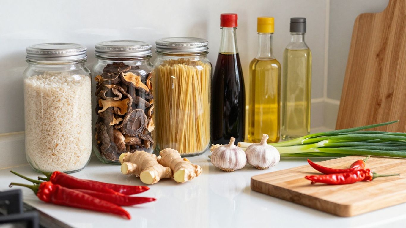 Chinese pantry ingredients beside a wooden cutting board