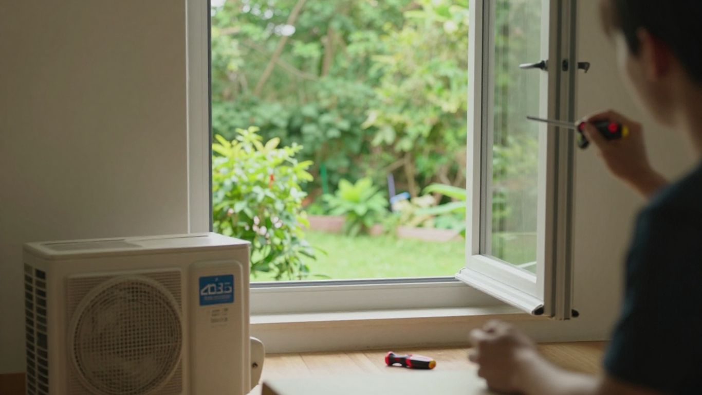 Person performing spring HVAC maintenance near an open window.