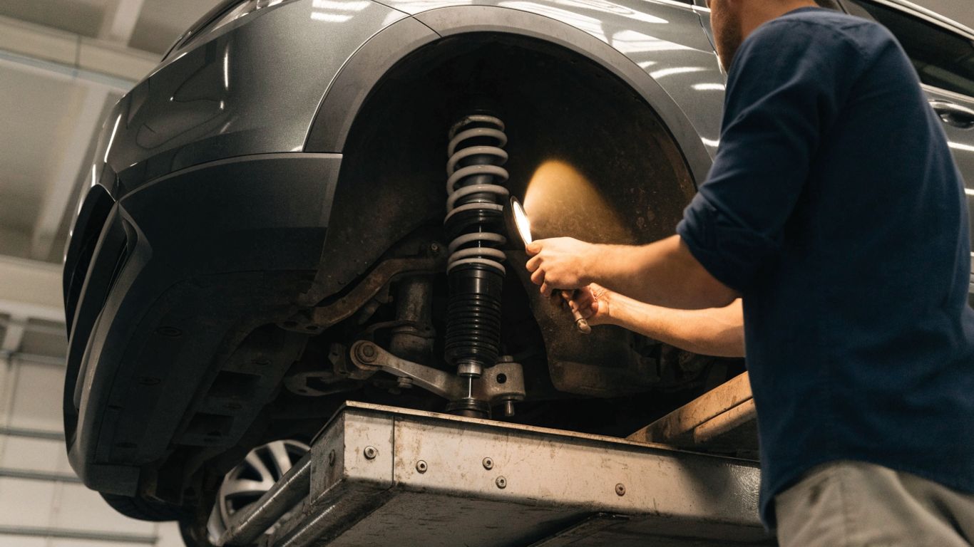 Technician inspecting a car suspension on a lift
