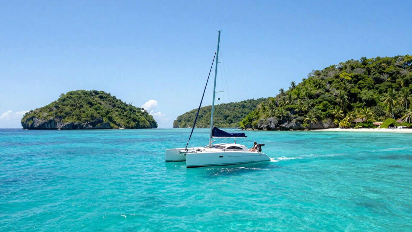 Catamaran sailing in Thailand's clear blue waters.