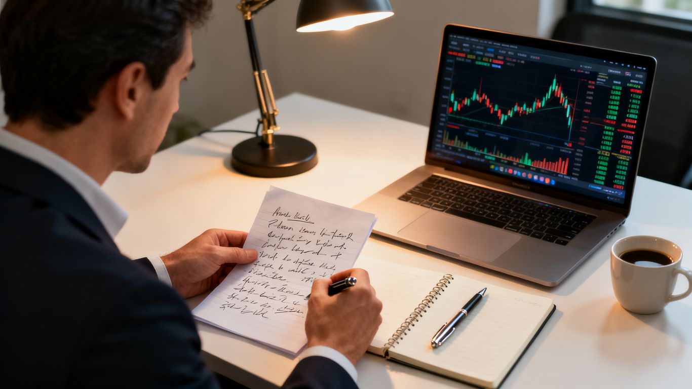 Trader reviewing a written commodity trading plan