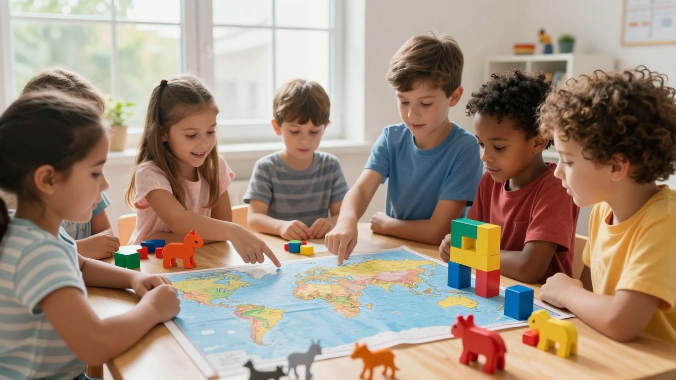 Children exploring a world map with toys.