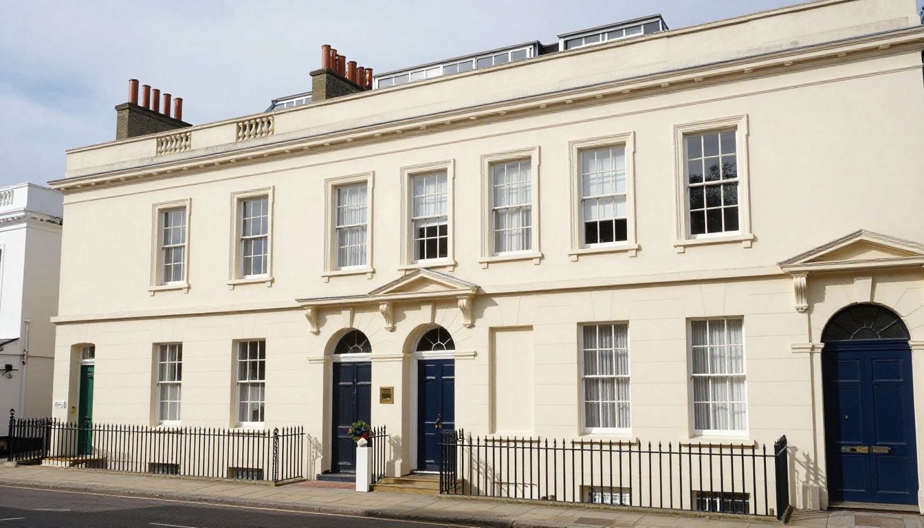 The freshly lime-rendered exterior of an elegant Edwardian townhouse in Clifton, Bristol, showing a smooth, off-white finish that complements the period architecture.