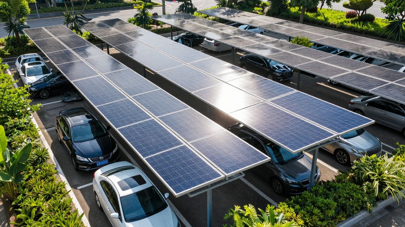 Panneaux solaires sur un parking d'entreprise moderne.