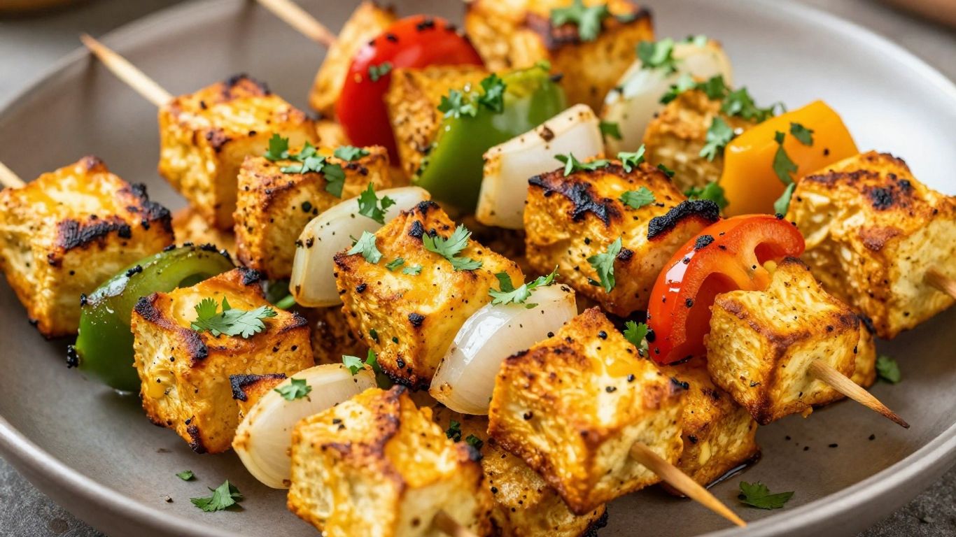 Oven-baked paneer tikka skewers with vegetables.
