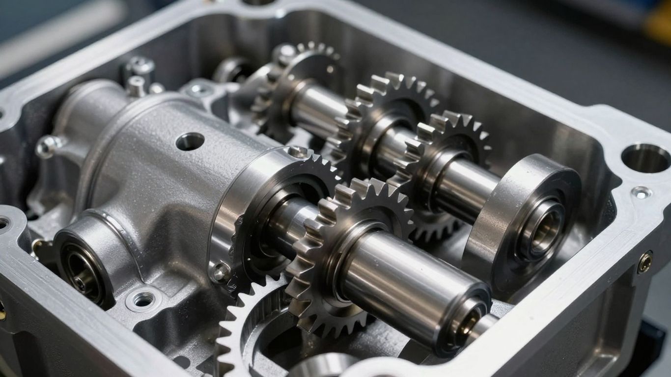 Subaru gearbox close-up with visible gears and shafts.