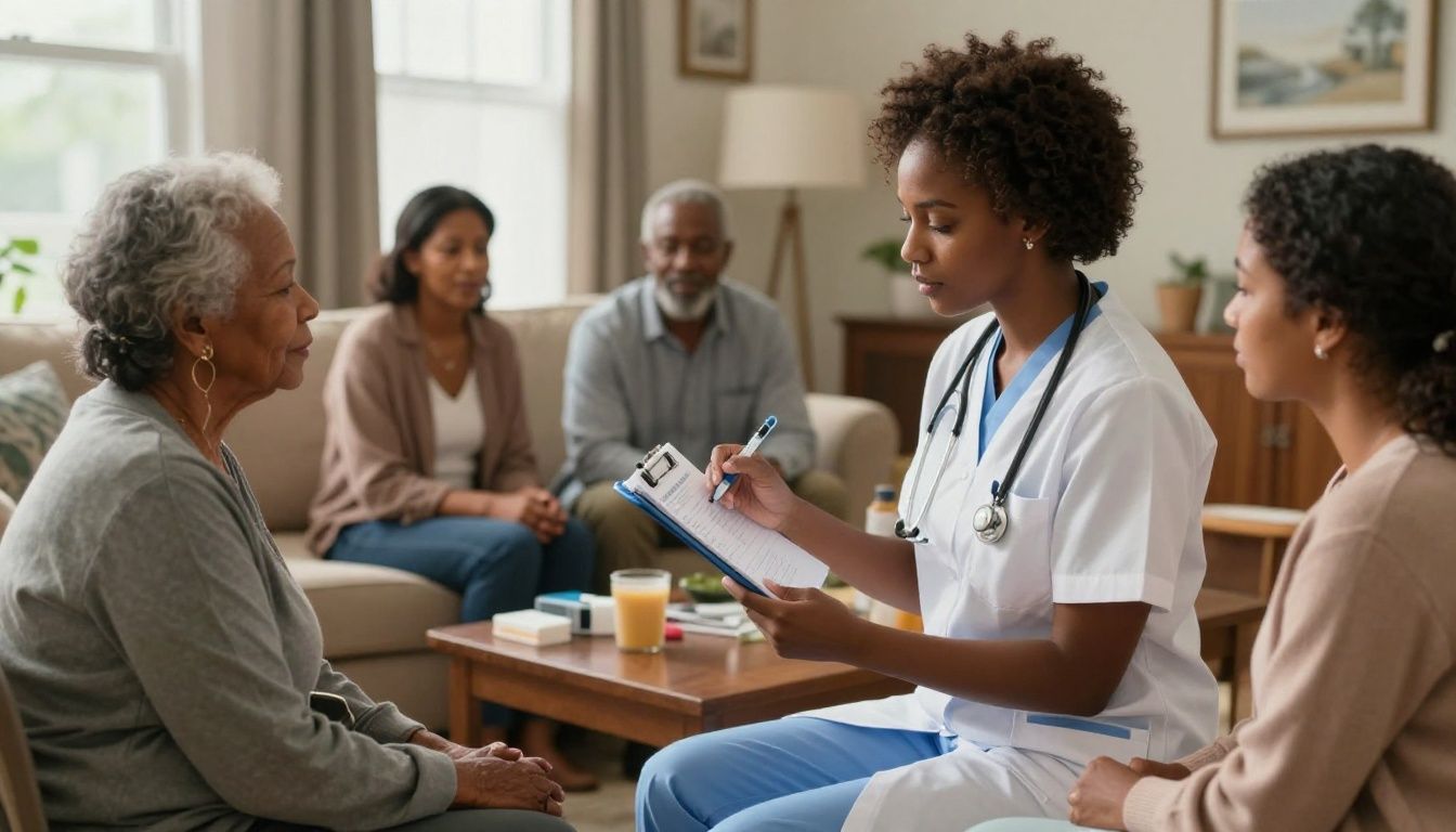 A realistic North Carolina home care scene showing a Black private duty nurse calmly reviewing medical equipment and care notes with a multiracial family caring for an adult with complex medical needs in a warm, tidy living room; natural light, no text, logos, or hospital setting.
