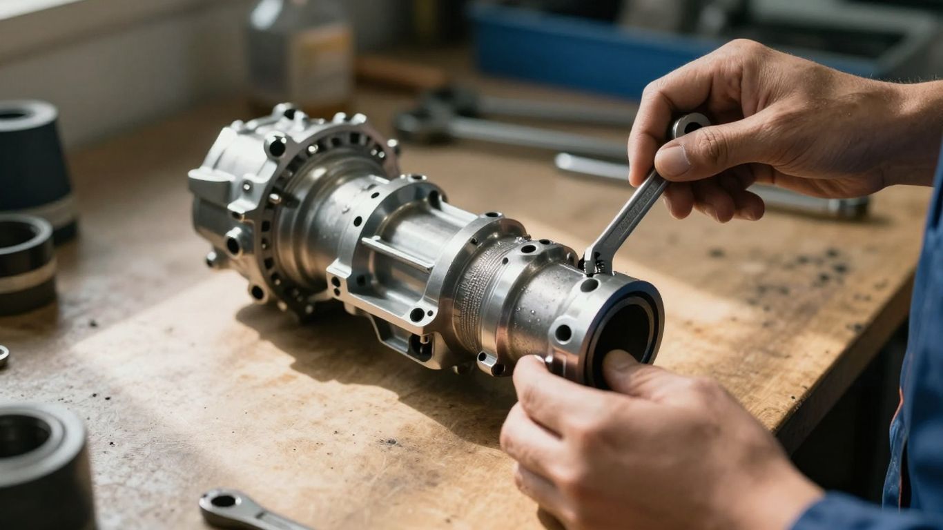 Used BMW gearbox with mechanic's tools for installation.