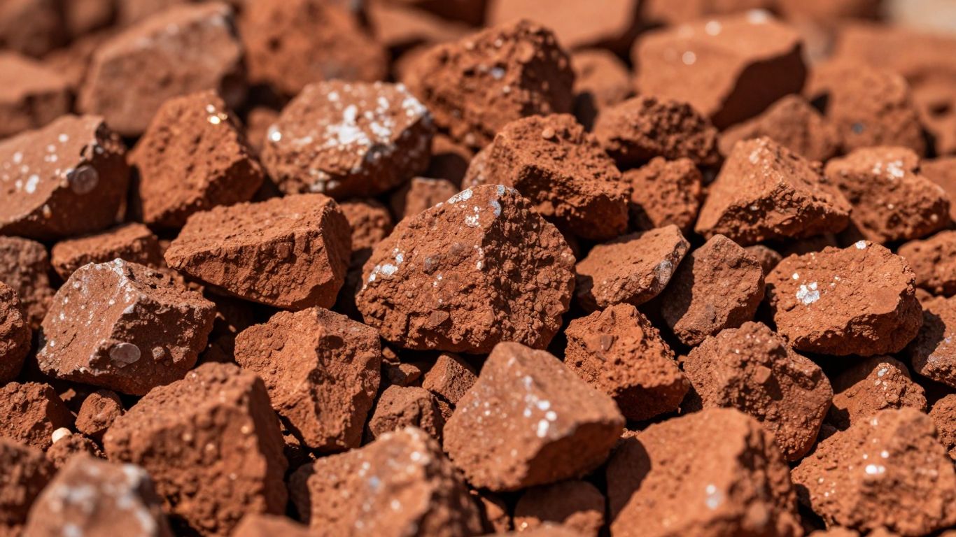 Iron ore chunks piled high, sunlight glinting.