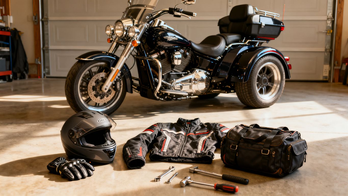 Trike motorcycle beside touring equipment and helmet