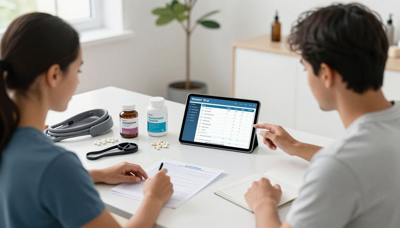 Bright modern health-tech scene with a diverse adult reviewing a health timeline on a tablet beside organized supplements, lab paperwork, fitness gear, and a recovery tracking dashboard; clean workspace, natural light, realistic photography, no text or logos