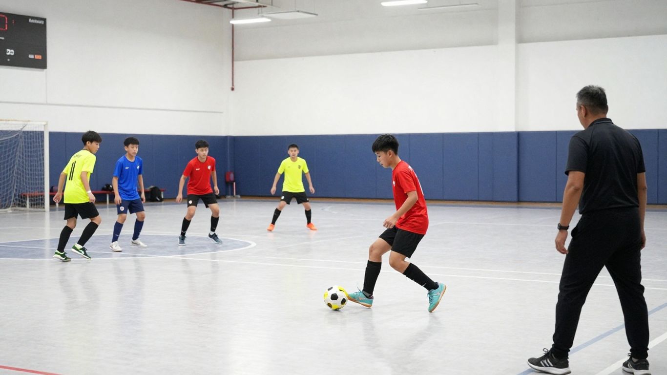 Players battling for space on a futsal court