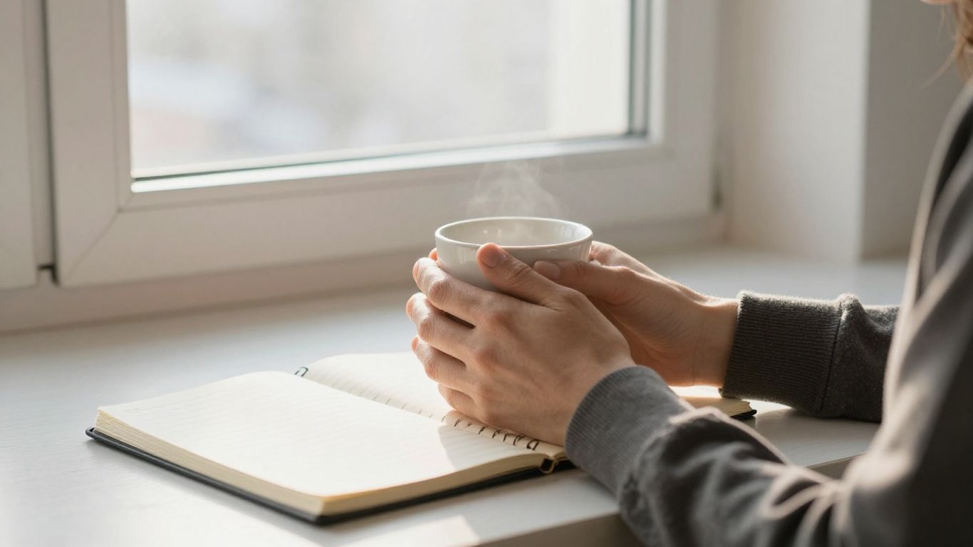 Person sitzt morgens am Fenster im Tageslicht