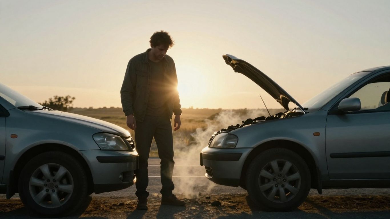 Car broken down on roadside at sunset.