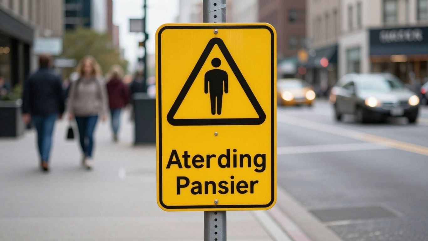 A view of a warning sign in a cityscape