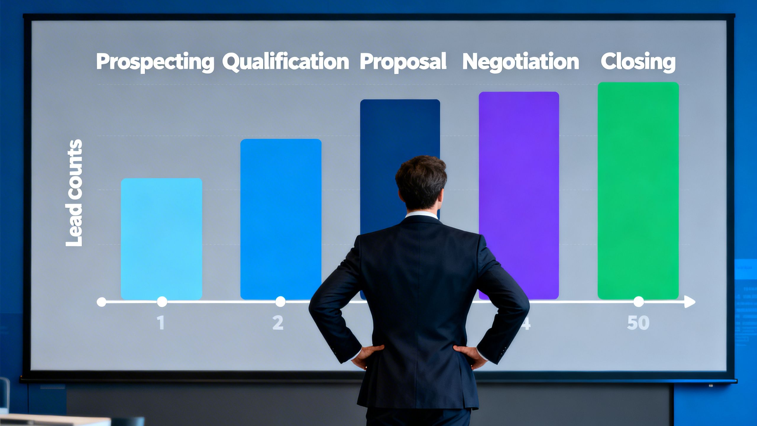A sales manager analyzing a visual sales pipeline on a large screen, showing lead progression through different stages