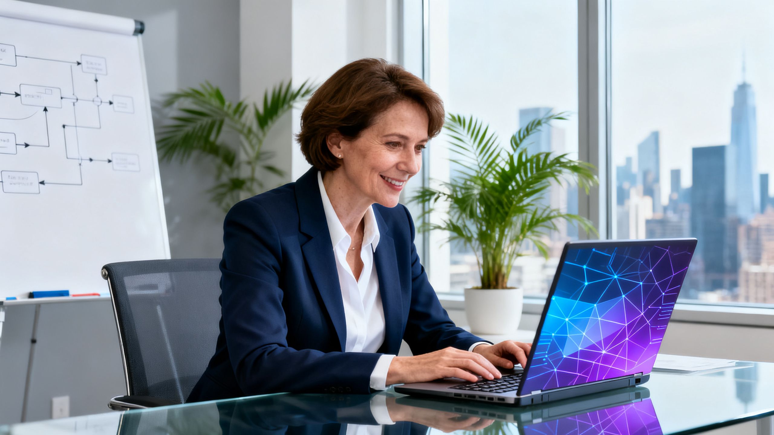 Woman using a laptop, symbolizing business automation with AI.