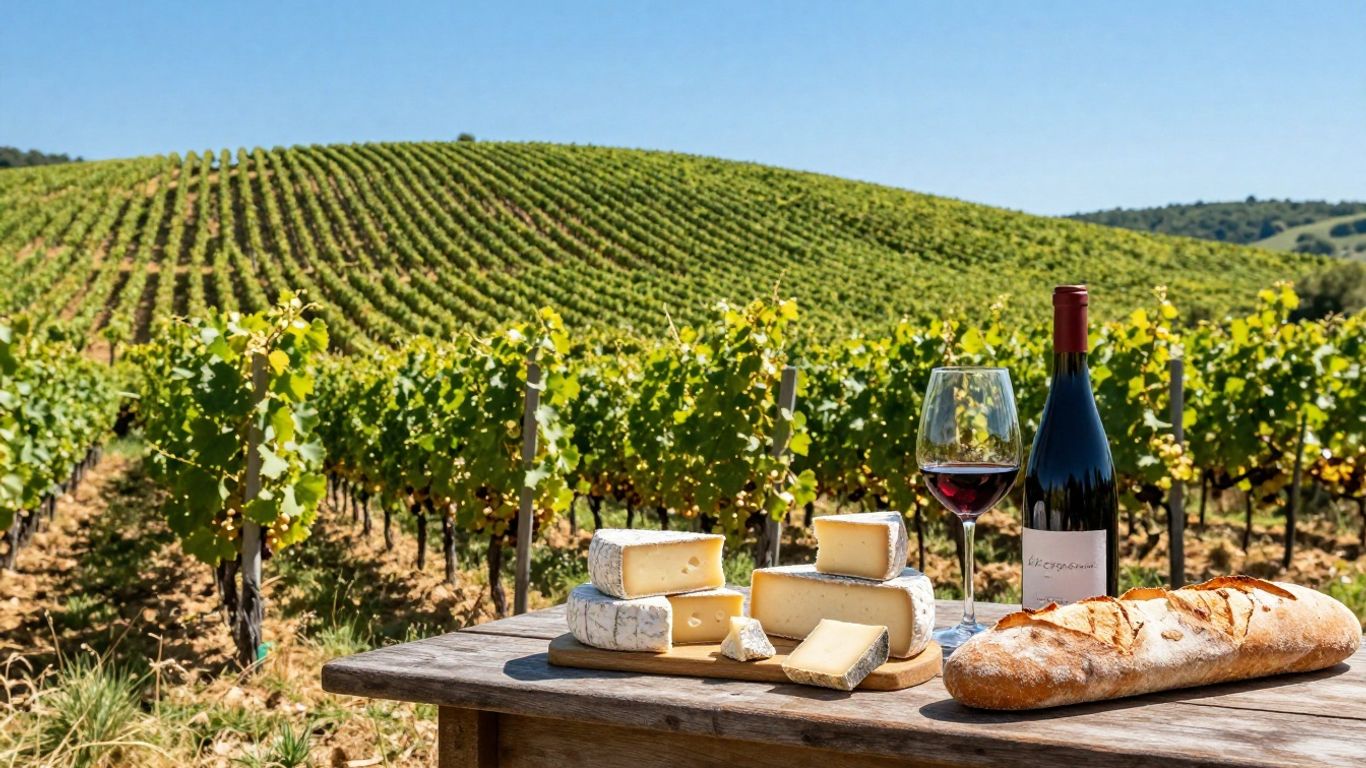 Vineyard landscape with cheese and wine tasting