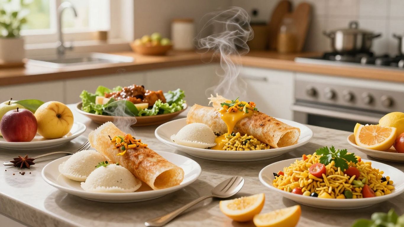 Healthy Indian breakfast spread with idlis, dosas, and fruit.