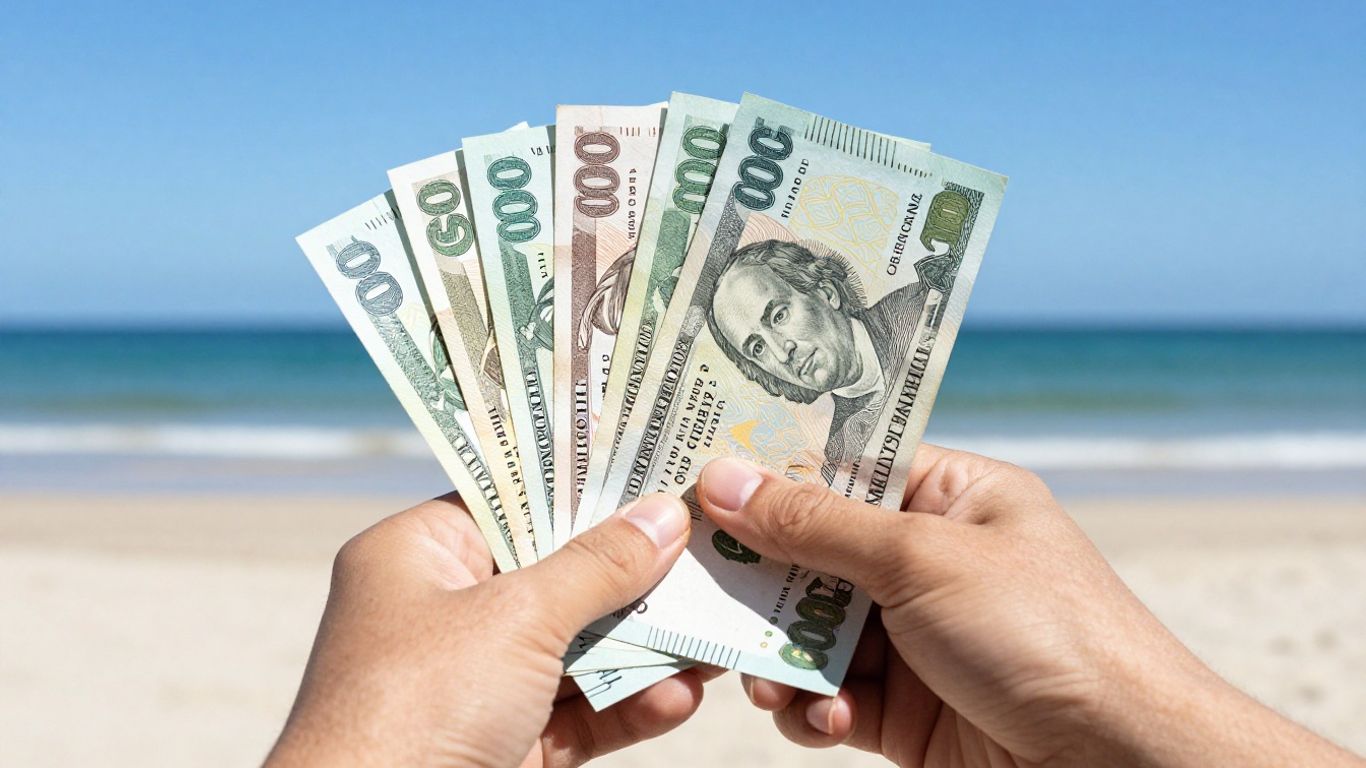 Forex carry trade strategy with money and tropical beach.