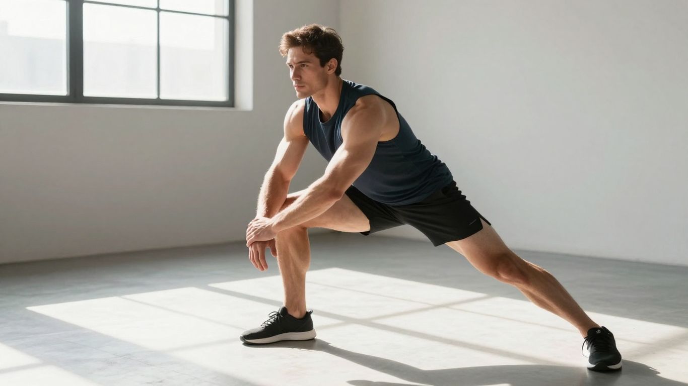 Homme musclé s'étirant dans une salle de sport.