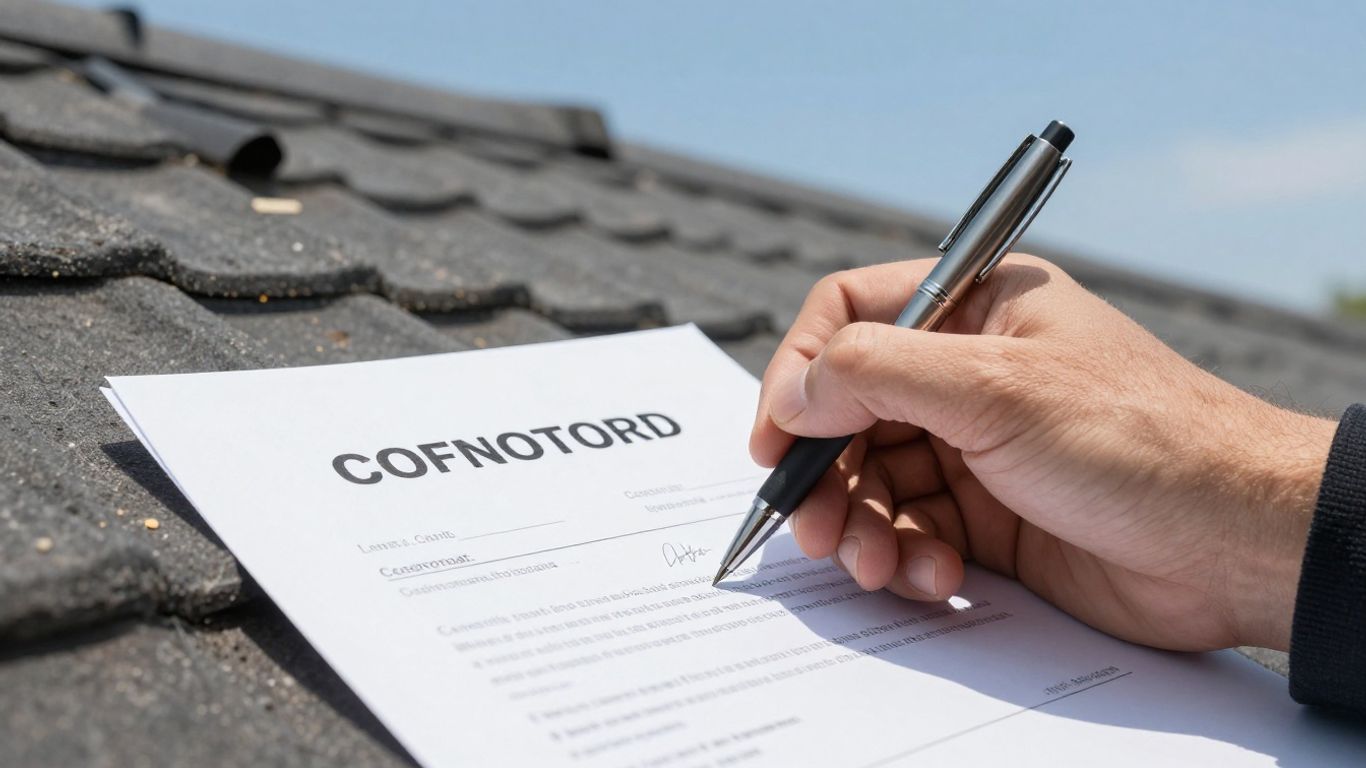 Homeowner signing a roof replacement contract.