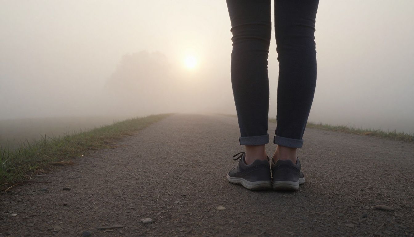 A person's feet in walking shoes standing at the edge of a path that disappears into a thick, gentle fog, with the morning sun just starting to break through.