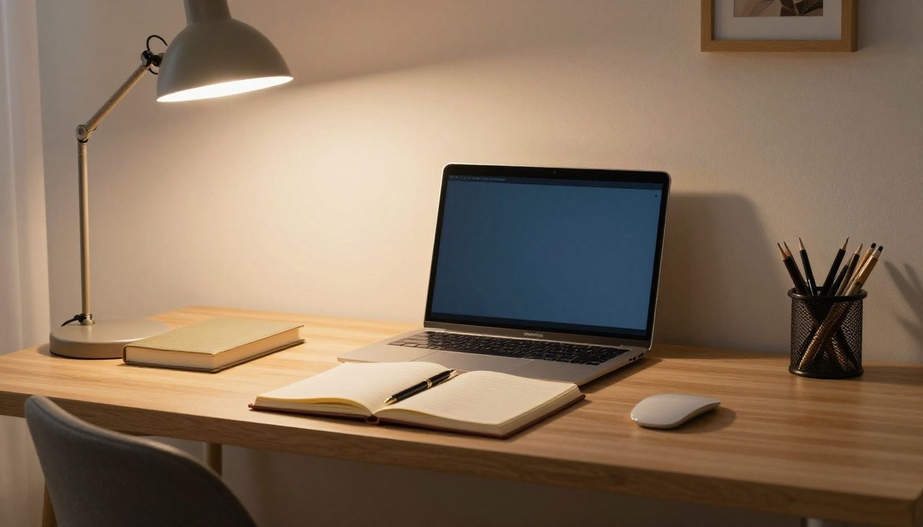 A serene, well-organized home office space at night, with warm lighting, a journal and pen on a clean desk, and a sense of calm intentionality.