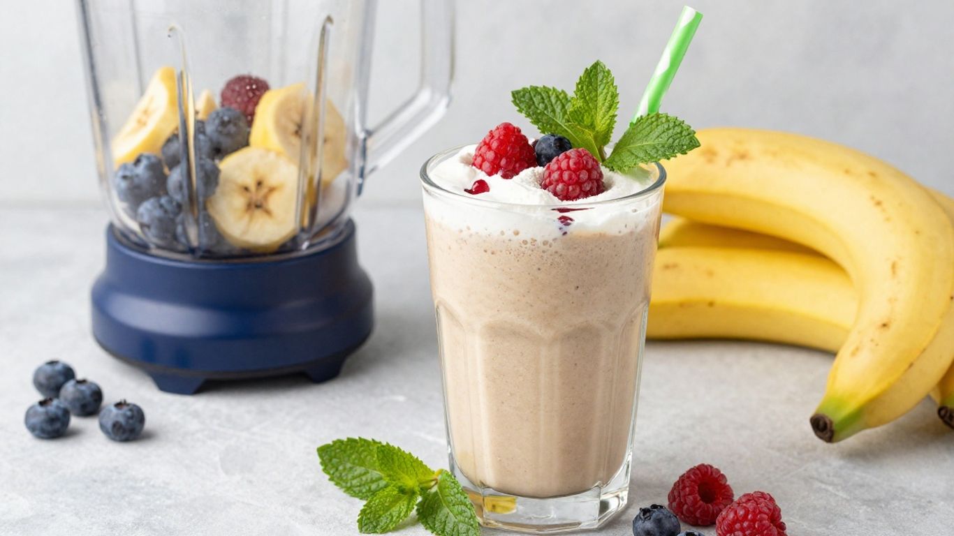 Herbalife protein powder with fruits and a prepared shake.