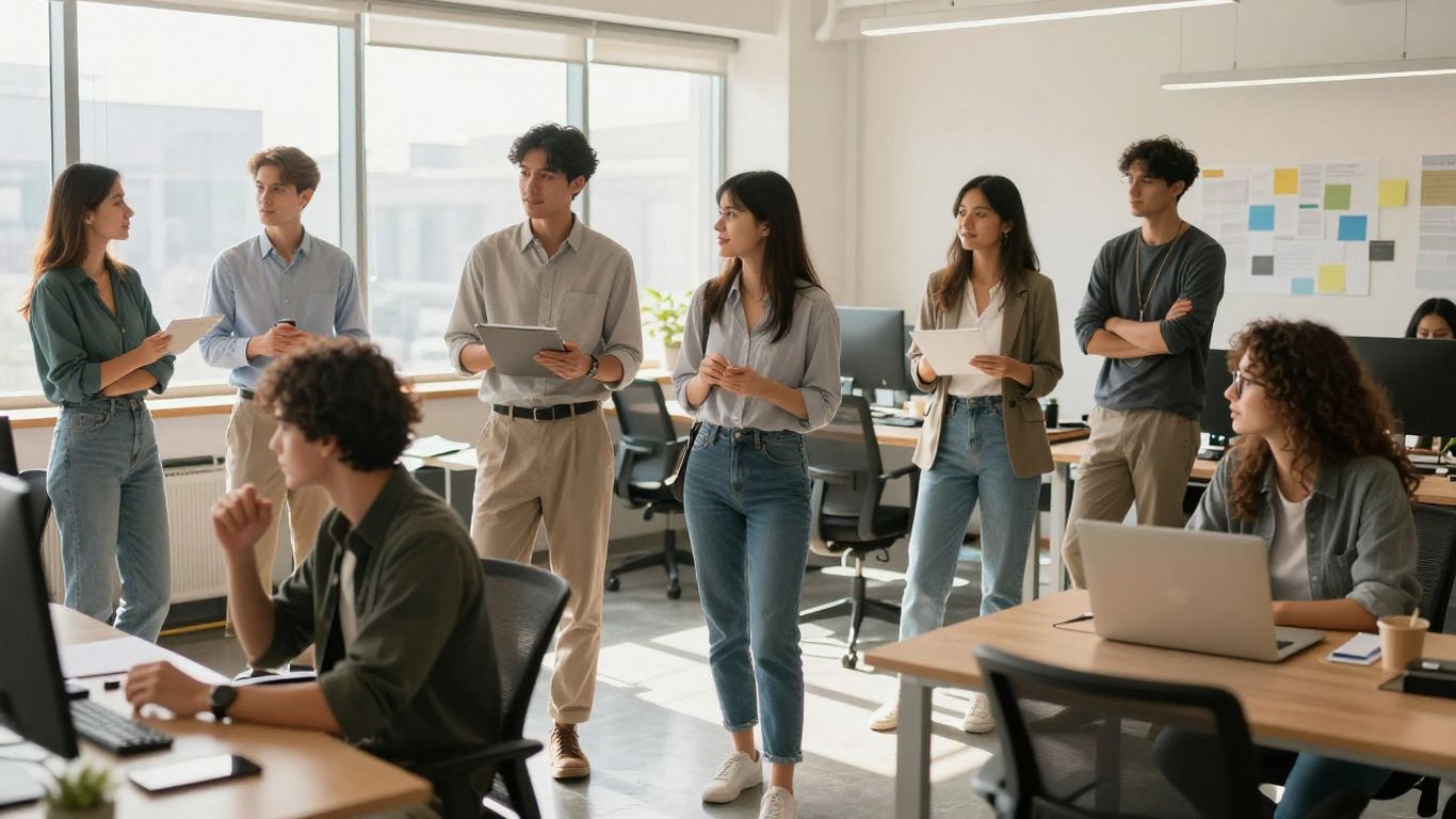 Startup interns collaborating in a bright, modern office.