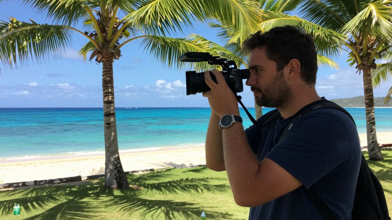 Réalisateur vidéo filmant sous les palmiers aux Antilles.